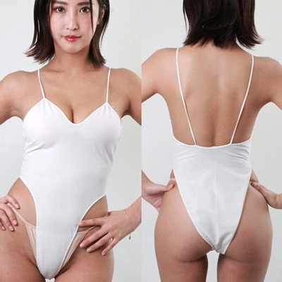 ガーゼ風生地ストレッチハイレグハーフバックレオタード ホワイト