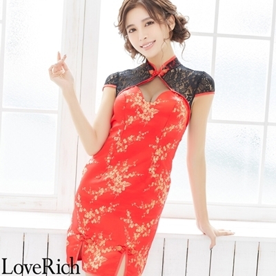 <Love Rich>小花柄レースチャイナドレス キャバドレス ミニドレス(レッド)